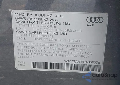 2013 Audi Q5 2.0T Premium из США, поврежденный, VIN WA1CFAFP6DA058078